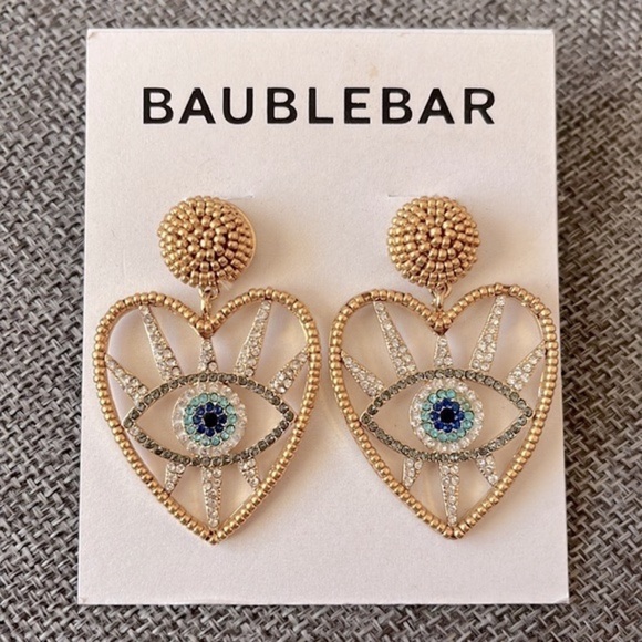 Brand New BaubleBar Evil Eye Heart Gold Tone Beaded Sparkly Drop Earrings - Picture 11 of 11